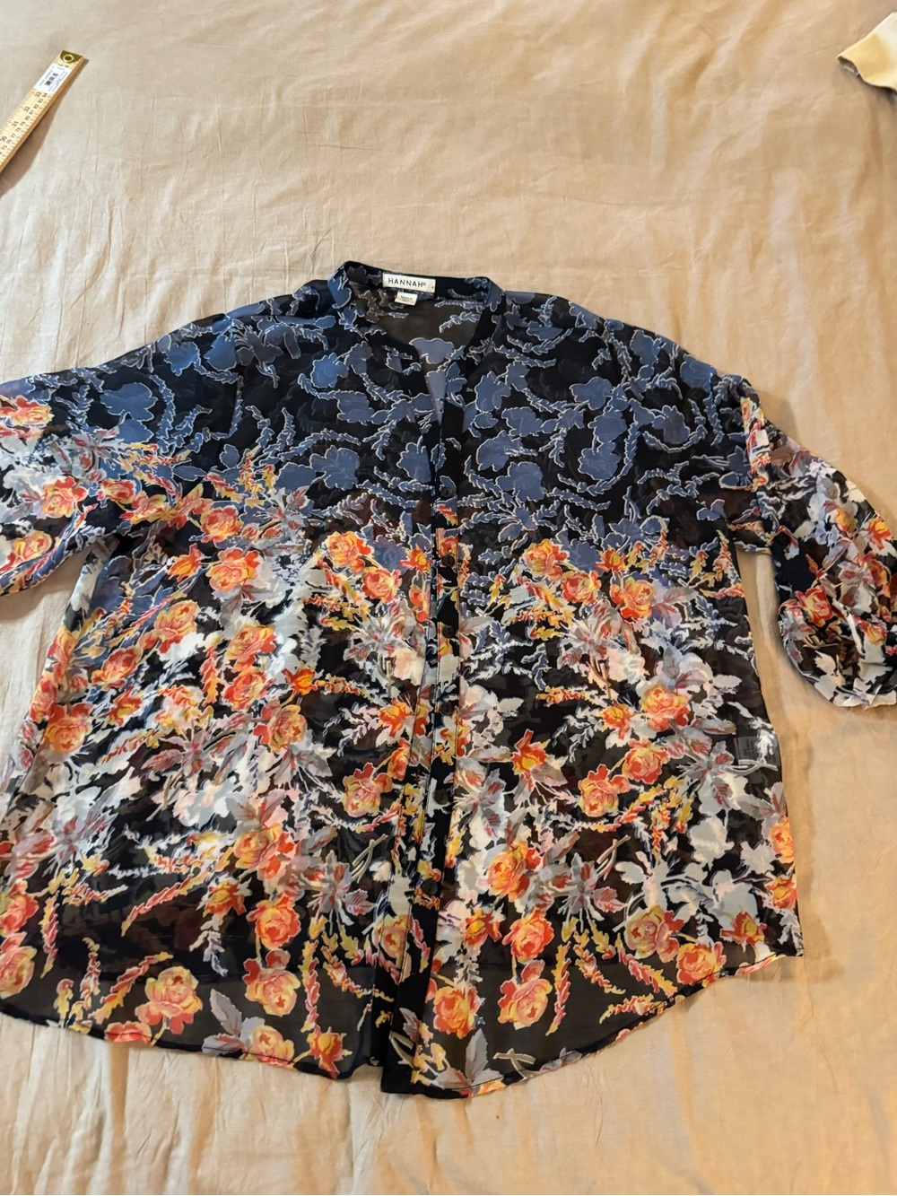 Hannah Navy and Black Floral Button-Front Blouse with Tab Roll Up Sleeves. Sheer